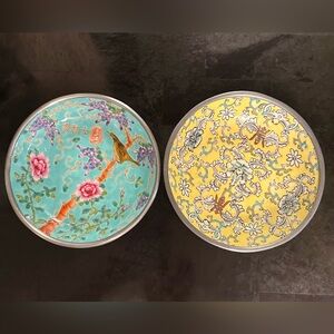 Japanese porcelain and pewter set of 6” plates. Hand painted.